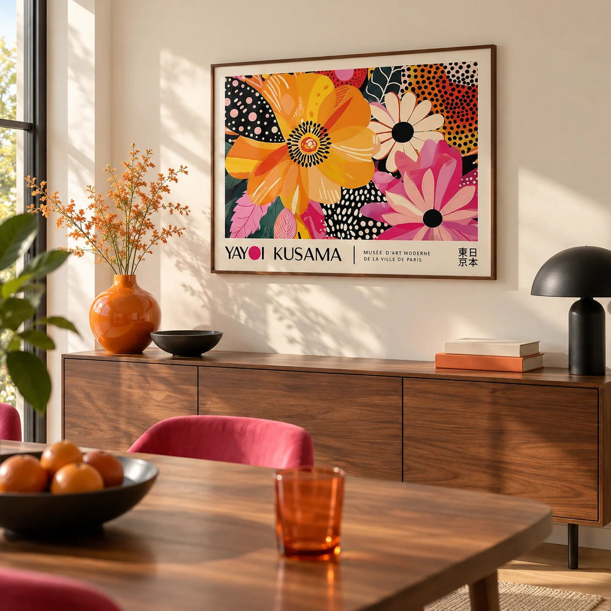 Floral Poster Art, framed on the wall of a design-led dining room with a cream wall