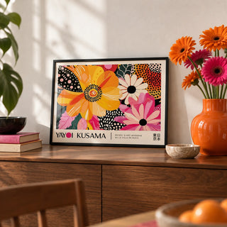 Floral Poster Art, a small A4 framed print leaning on a walnut sideboard in a living room