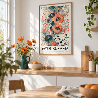 Floral Poster Wall Art, framed on the wall of a bright white kitchen with an oak worktop