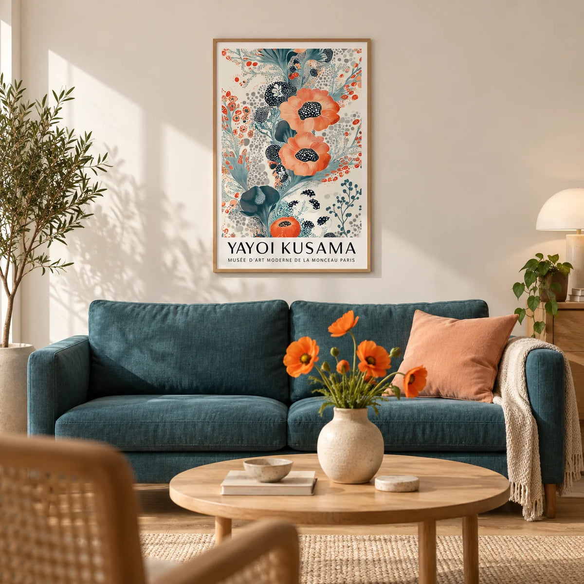 Floral Poster Wall Art, framed on the wall of a calm modern living room with a soft cream wall and a light oak floor