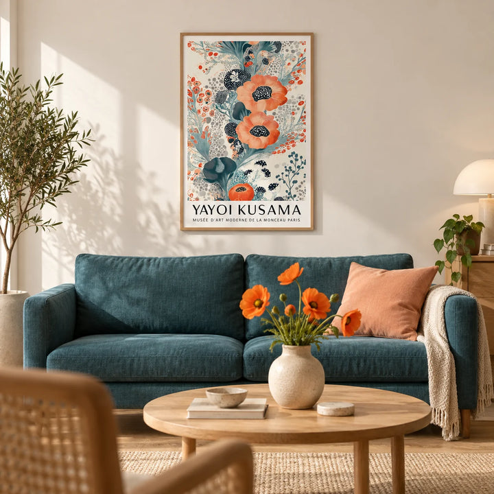 Floral Poster Wall Art, framed on the wall of a calm modern living room with a soft cream wall and a light oak floor