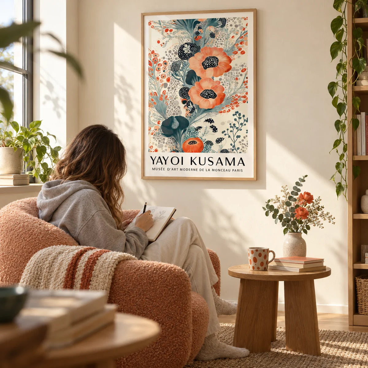 Floral Poster Wall Art, framed on the wall of a cosy reading corner with a warm cream wall in a living room