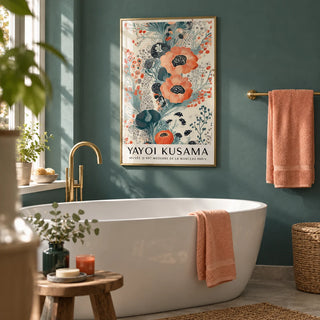 Floral Poster Wall Art, framed on the wall of a fresh bathroom with a teal painted wall and a white freestanding bath