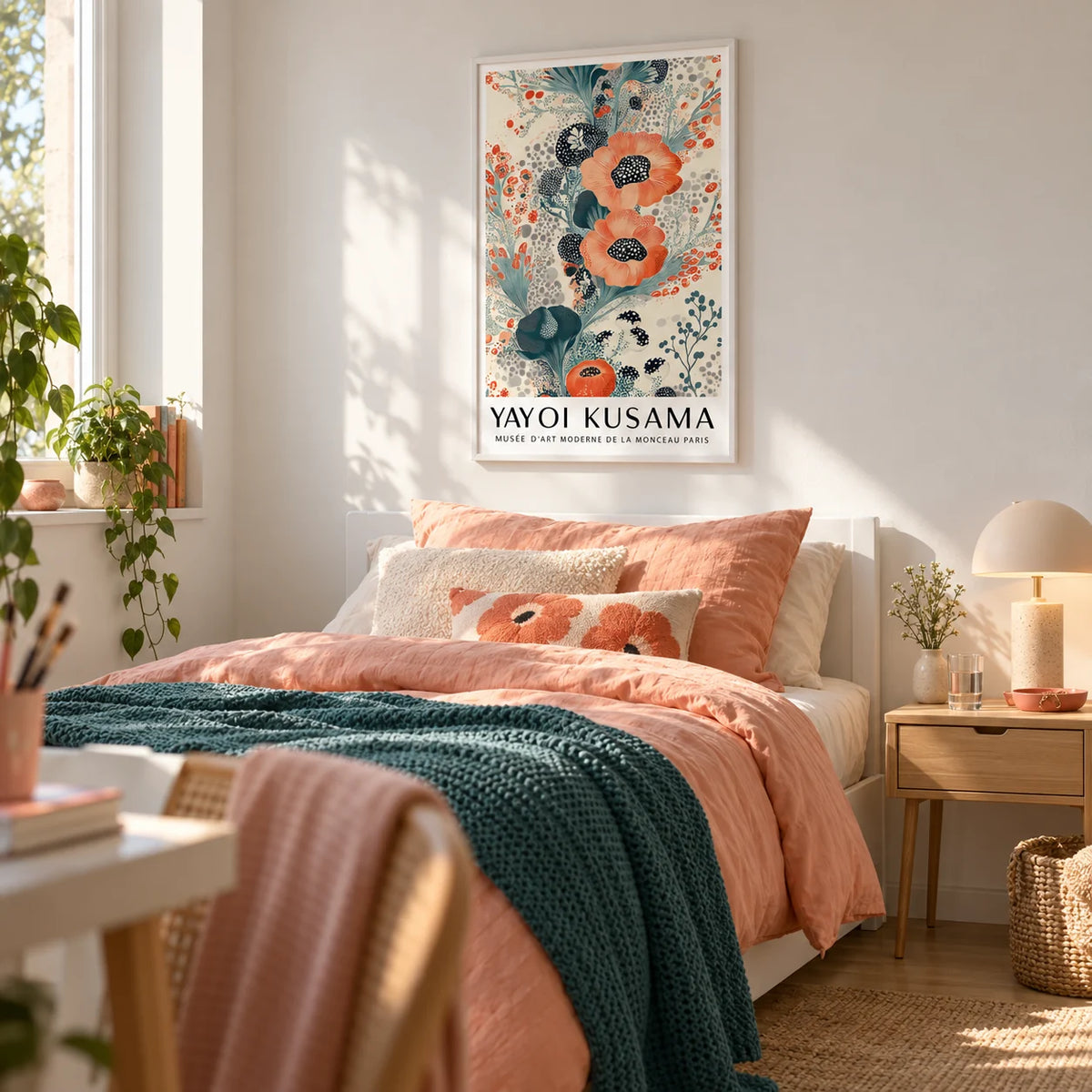 Floral Poster Wall Art, framed on the wall of a fresh single bedroom for a teen girl (13-17) with a white wall