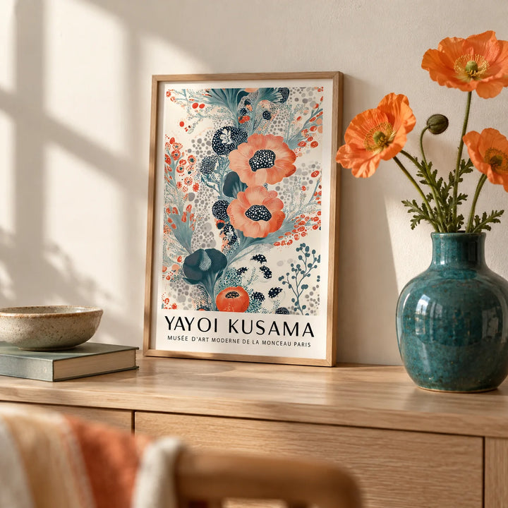 Floral Poster Wall Art, a small A4 framed print leaning on a pale oak shelf in a living room