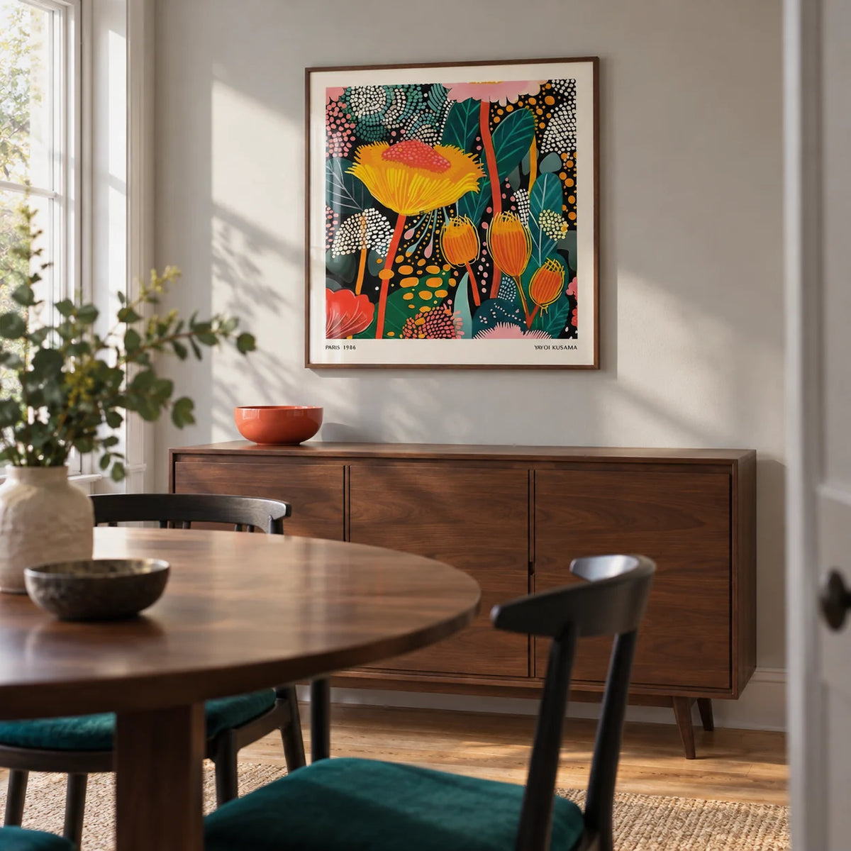 Floral Prints for Framing, framed on the wall of a compact modern dining room in a renovated UK terrace with a pale grey wall and walnut furniture