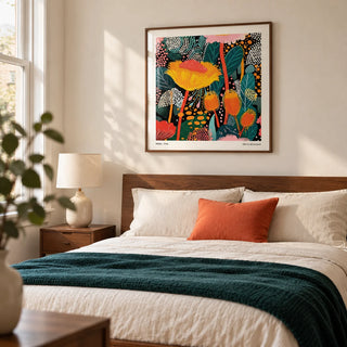 Floral Prints for Framing, framed on the wall of a crisp modern bedroom in a UK townhouse with warm white walls and a low walnut double bed