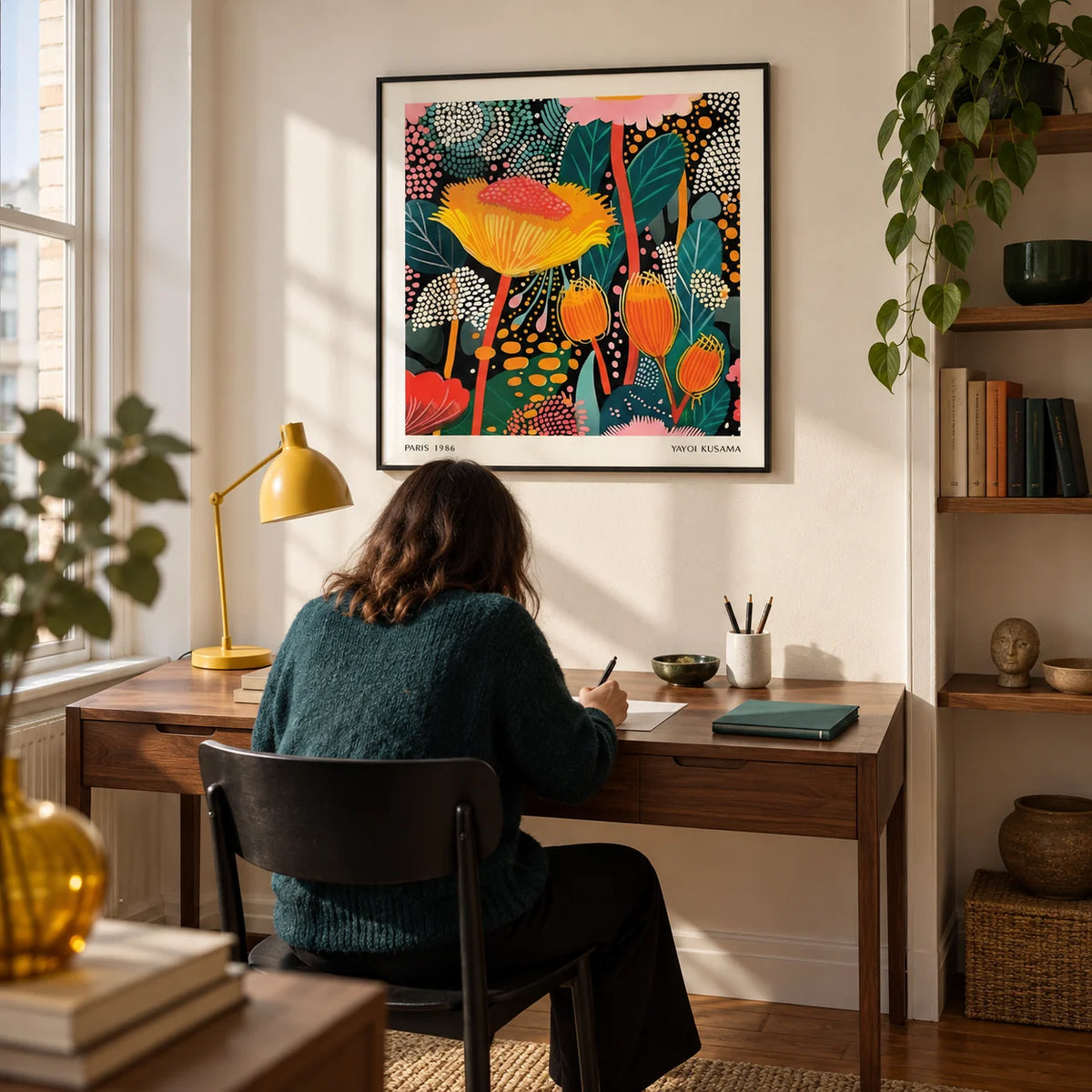 Floral Prints for Framing, framed on the wall of a design-conscious home study in a UK flat with an ivory wall and a walnut writing desk