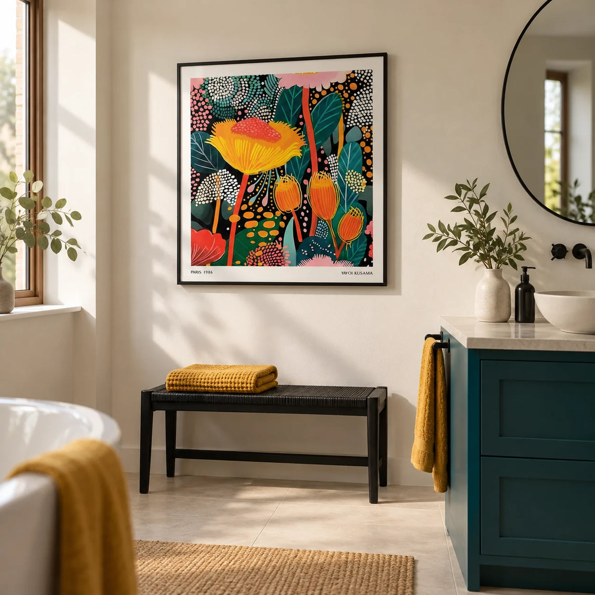 Floral Prints for Framing, framed on the wall of a modern bathroom in a renovated UK terrace with a dry warm white wall