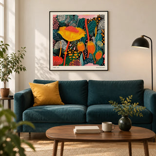 Floral Prints for Framing, framed on the wall of a modern living room in a UK city flat with warm white walls