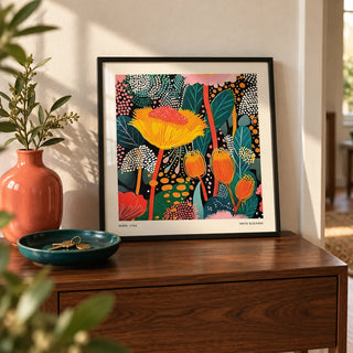 Floral Prints for Framing, a small A4 framed print leaning on a walnut hallway side table
