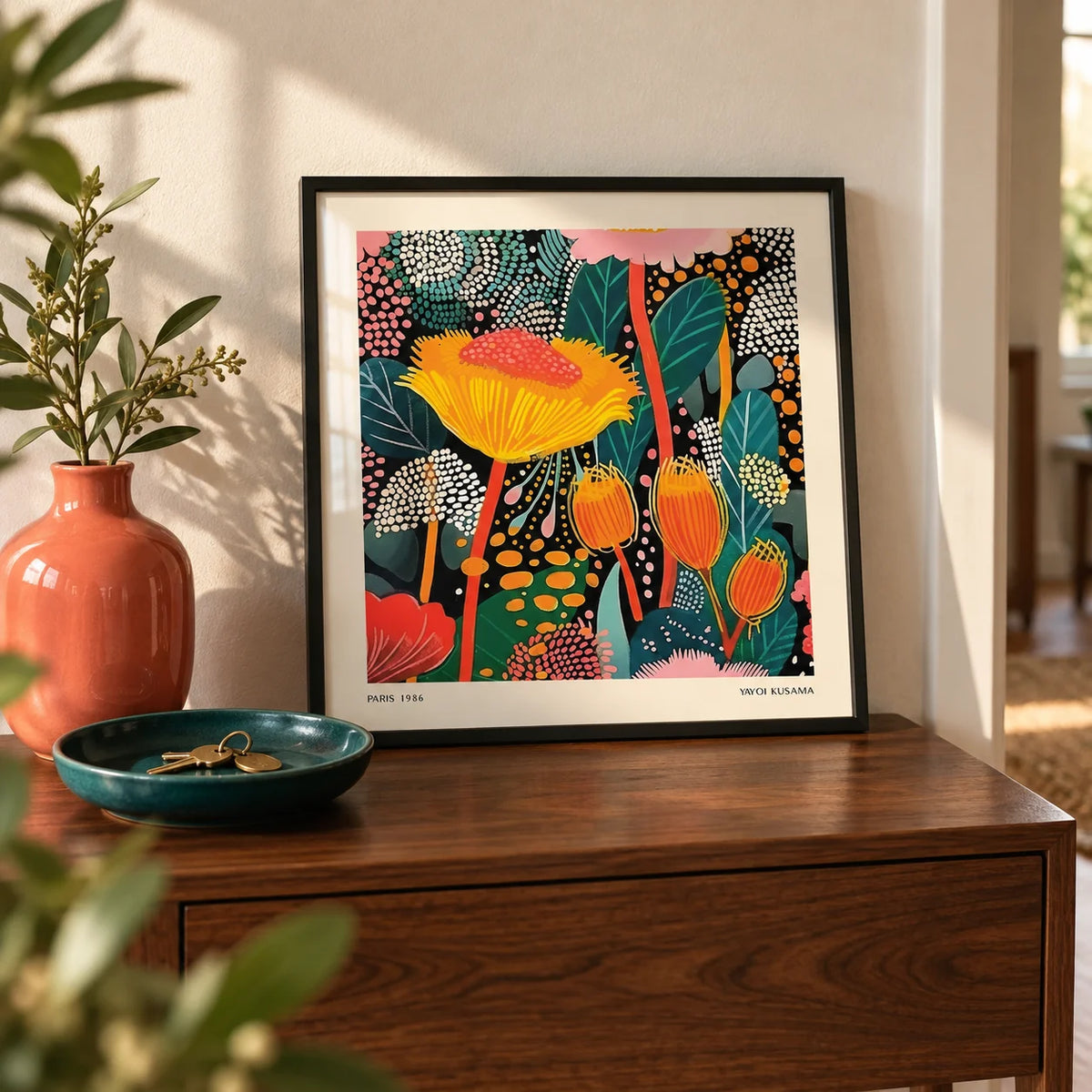 Floral Prints for Framing, a small A4 framed print leaning on a walnut hallway side table