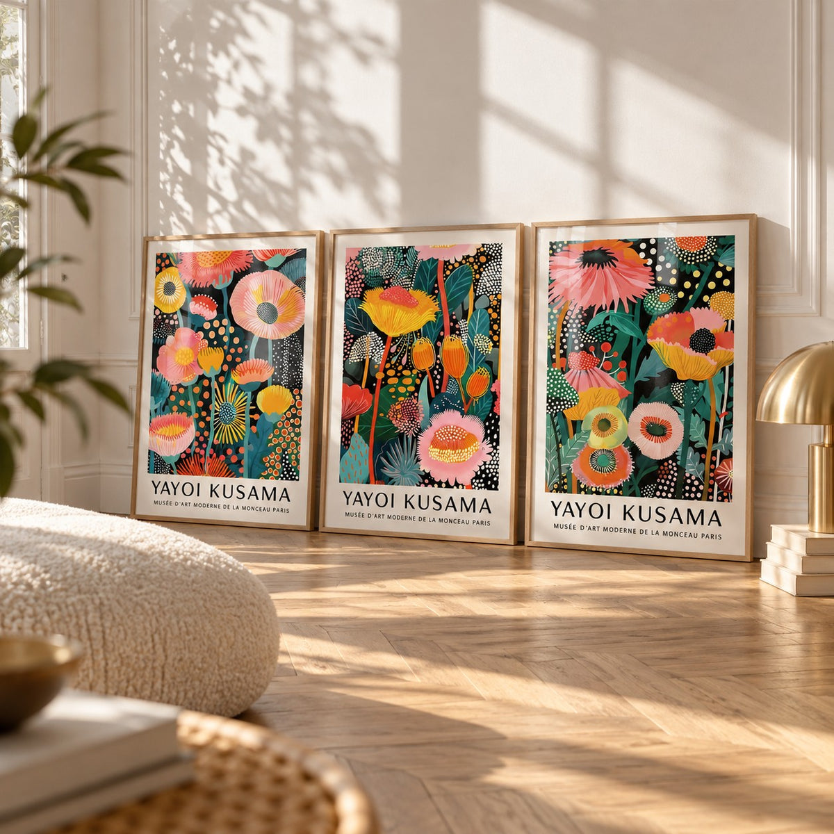 Floral Prints Set of 3 styled leaning on a herringbone floor between a boucle cushion and a brass mushroom lamp: Petal Paradise, Lush Tropica and Botanical Glow shown framed side by side (frames not included)