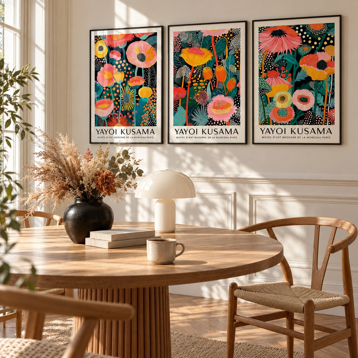 Floral Prints Set of 3 styled above a round fluted oak dining table with a mushroom lamp: Petal Paradise, Lush Tropica and Botanical Glow shown framed side by side (frames not included)