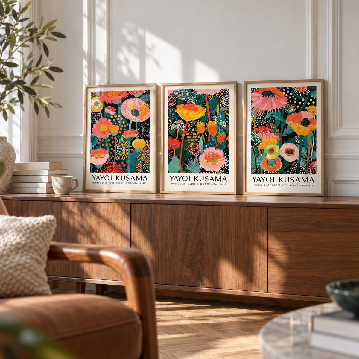 Floral Prints Set of 3 styled as small A4 prints on a shelf, to show the gift size: Petal Paradise, Lush Tropica and Botanical Glow shown framed side by side (frames not included)