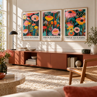 Floral Prints Set of 3 styled above a terracotta credenza in a warm minimal room: Petal Paradise, Lush Tropica and Botanical Glow shown framed side by side (frames not included)
