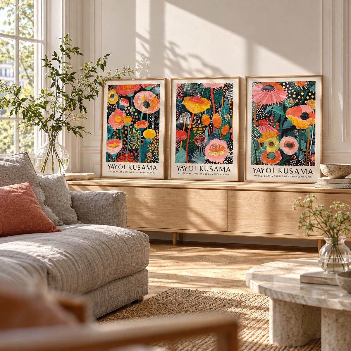Floral Prints Set of 3 styled on a pale wooden console under a sunny window: Petal Paradise, Lush Tropica and Botanical Glow shown framed side by side (frames not included)