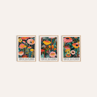 Floral Prints Set of 3: Petal Paradise, Lush Tropica and Botanical Glow side by side, three separate unframed prints