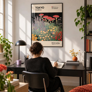 Floral Prints Vintage, framed on the wall of a design-led home office with a white wall