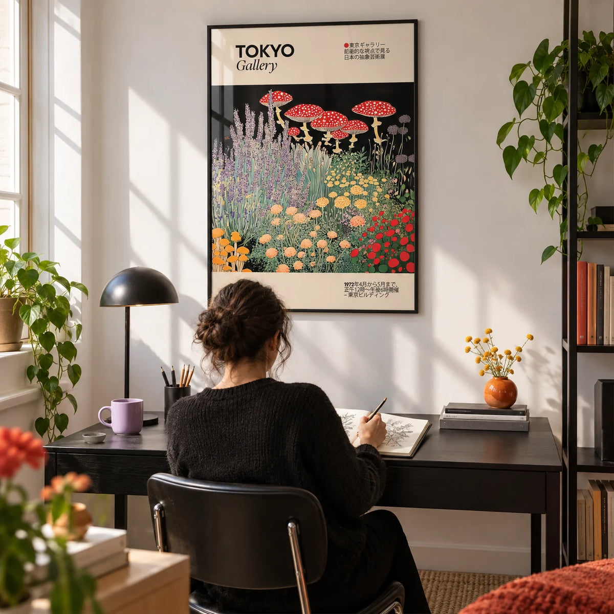 Floral Prints Vintage, framed on the wall of a design-led home office with a white wall