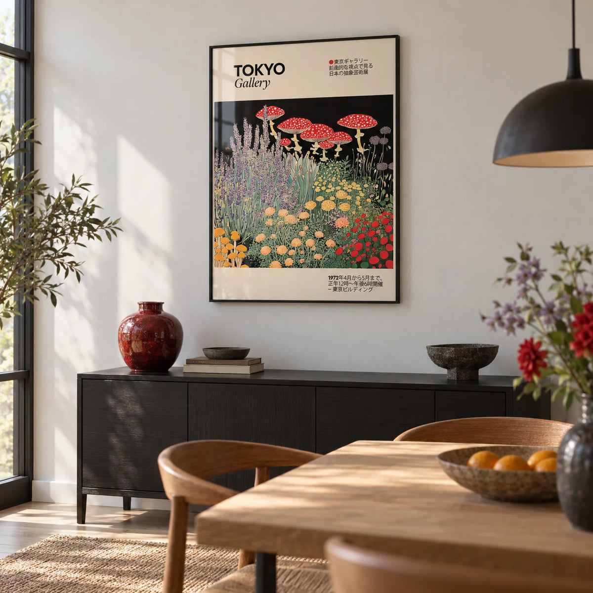 Floral Prints Vintage, framed on the wall of a modern dining room with a soft white wall
