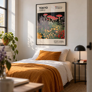 Floral Prints Vintage, framed on the wall of a modern single bedroom in a first flat (22-28) with a white wall