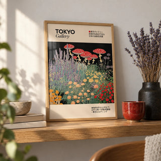 Floral Prints Vintage, a small A4 framed print leaning on an oak shelf in a living room