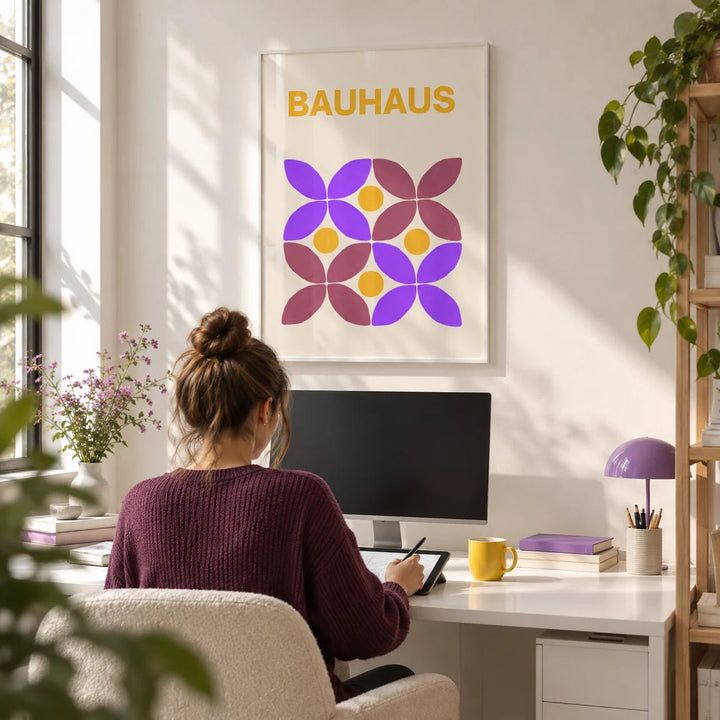 Floral Shape Art, framed on the wall of a creative home office with a white wall