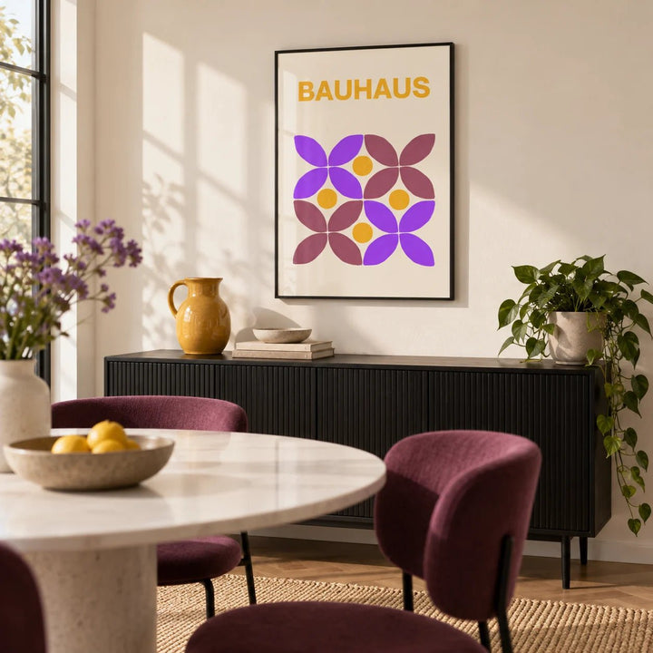 Floral Shape Art, framed on the wall of a modern dining room with a cream wall