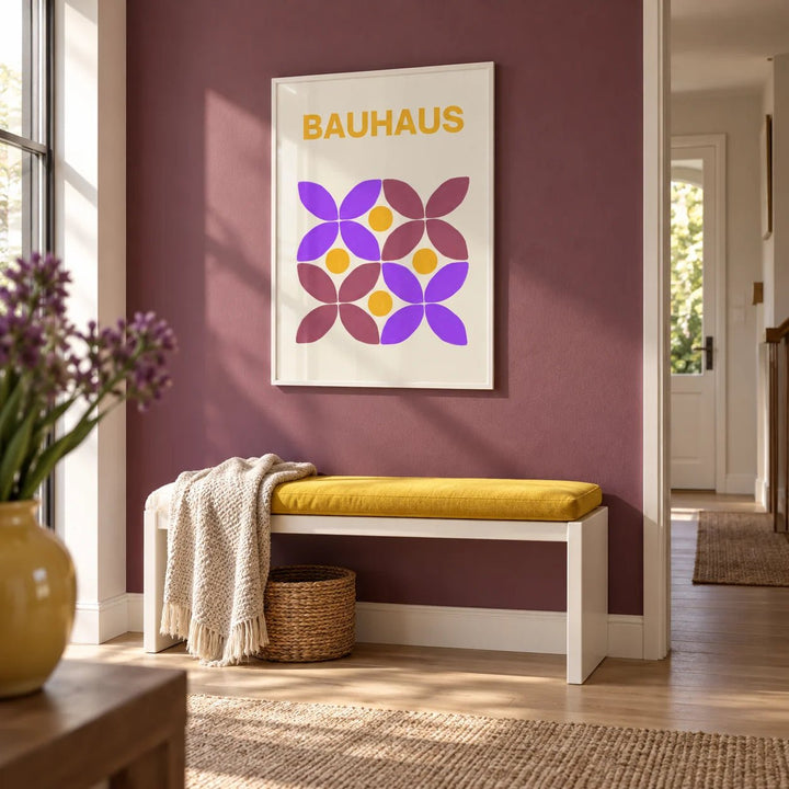 Floral Shape Art, framed on the wall of a modern hallway with a plain plum painted lower wall