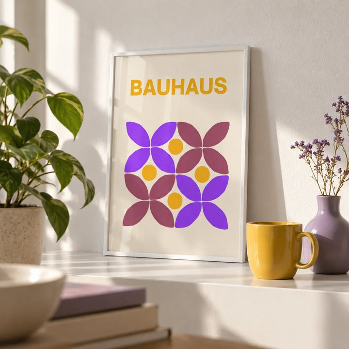 Floral Shape Art, a small A4 framed print leaning on a white shelf in a living room