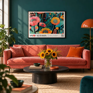 Floral Wall Art, framed on the wall of a bold living room with a deep teal painted wall and a pale oak floor