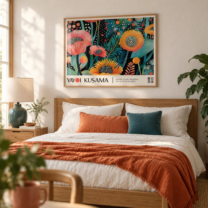 Floral Wall Art, framed on the wall of a bright bedroom with a white wall