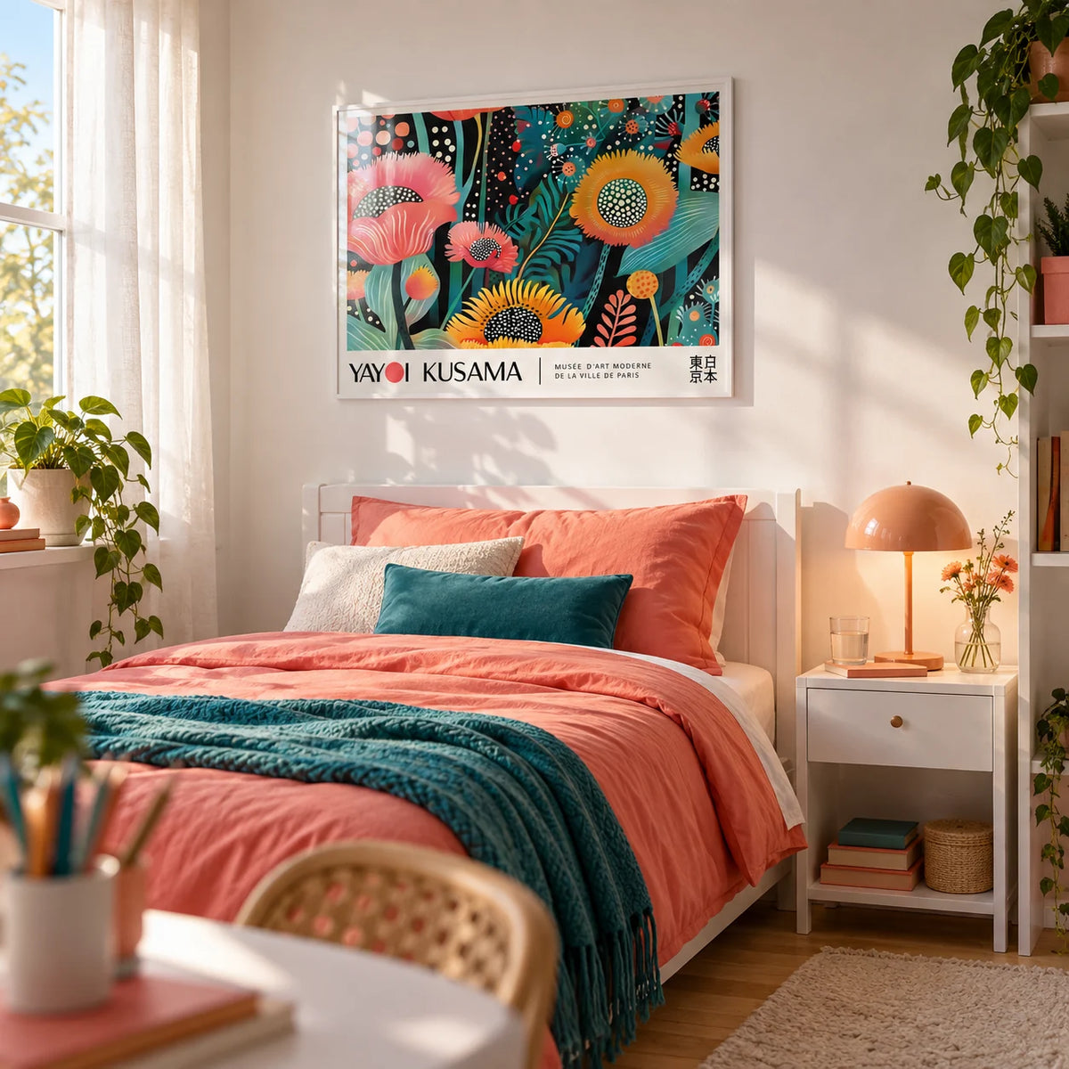 Floral Wall Art, framed on the wall of a bright teen girl's bedroom (13-17) with a soft white wall