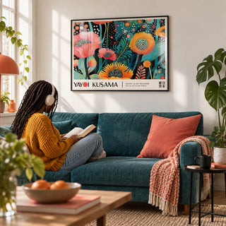 Floral Wall Art, framed on the wall of a cheerful city flat living room with a white wall