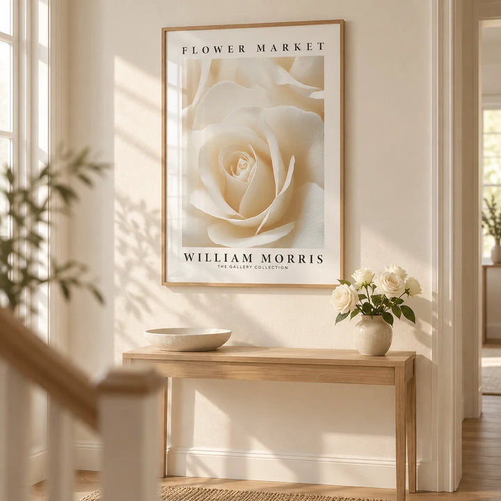 Floral Wall Art for Living Room, framed on the wall of a calm hallway with a warm white wall