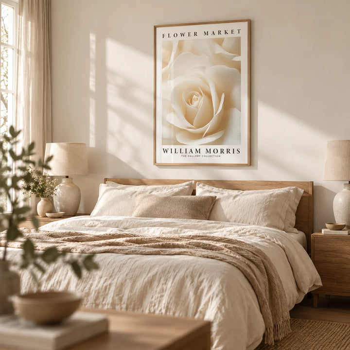 Floral Wall Art for Living Room, framed on the wall of a calm neutral bedroom with a warm white wall