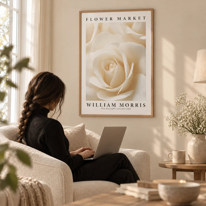 Floral Wall Art for Living Room, framed on the wall of a calm reading corner with a soft beige wall