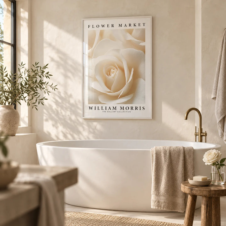 Floral Wall Art for Living Room, framed on the wall of a calm spa bathroom with warm white microcement walls