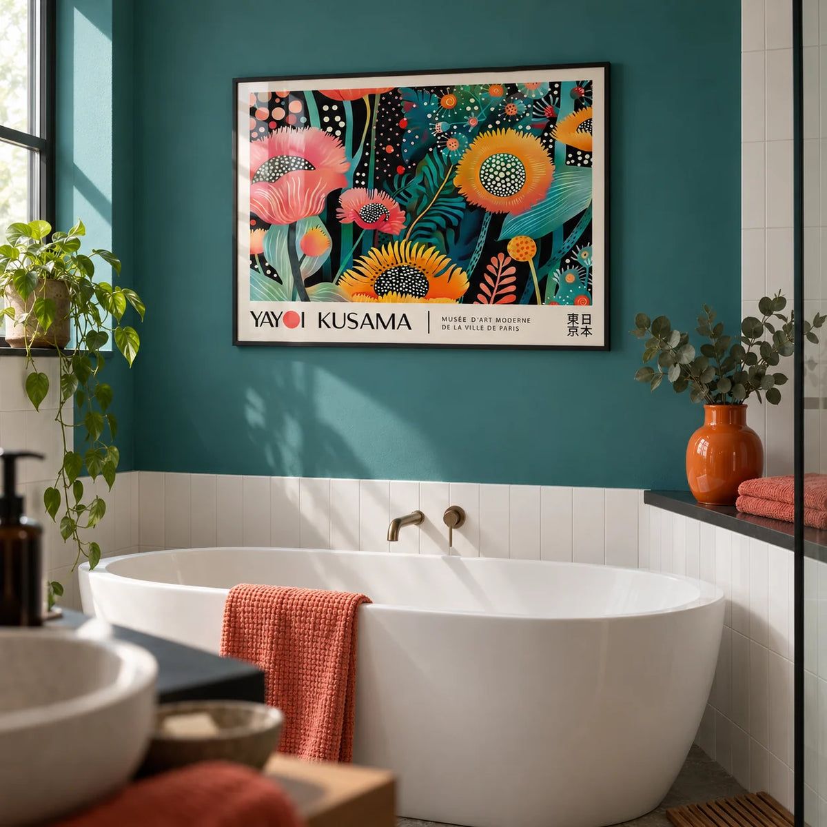 Floral Wall Art, framed on the wall of a modern bathroom with a teal painted wall and plain white tiles