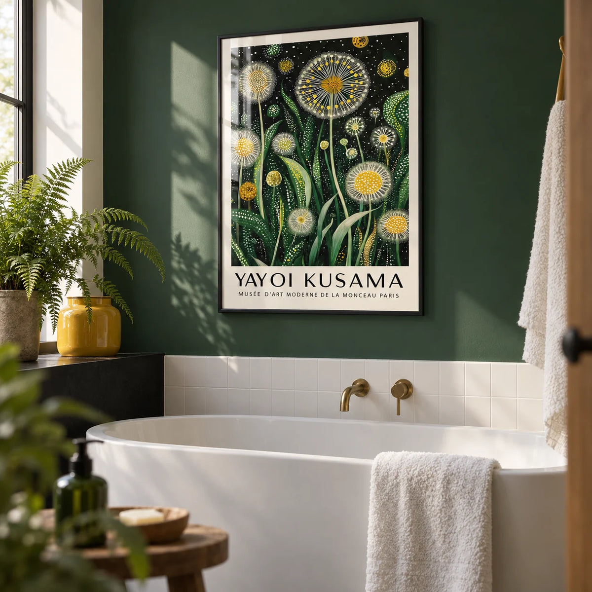 Floral Wall Art Modern, framed on the wall of a calm bathroom with a deep green painted wall and plain white tiles