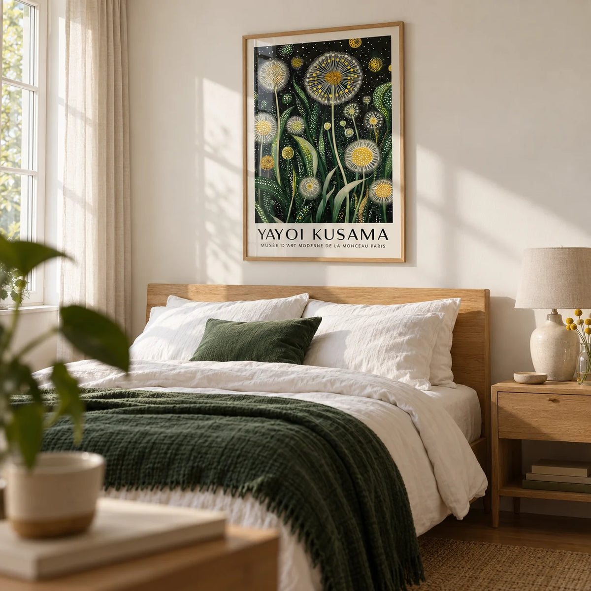 Floral Wall Art Modern, framed on the wall of a calm bedroom with a soft white wall