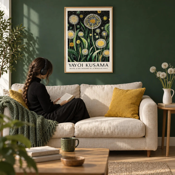 Floral Wall Art Modern, framed on the wall of a calm living room with a deep green painted wall and a pale oak floor