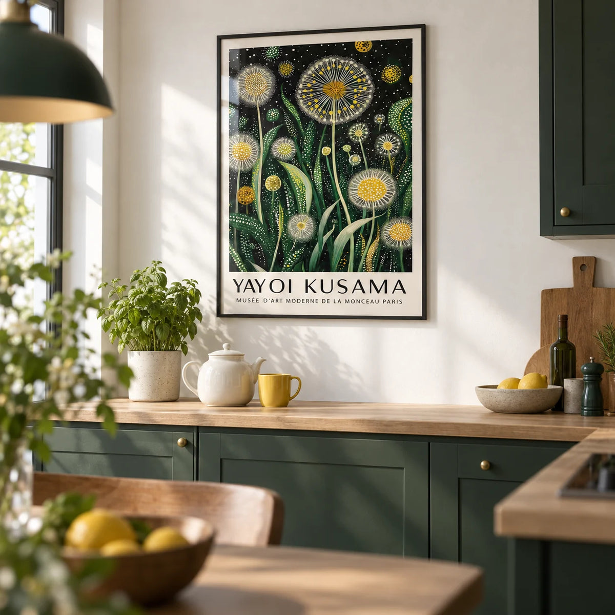 Floral Wall Art Modern, framed on the wall of a modern kitchen with dark green cabinets and a white wall