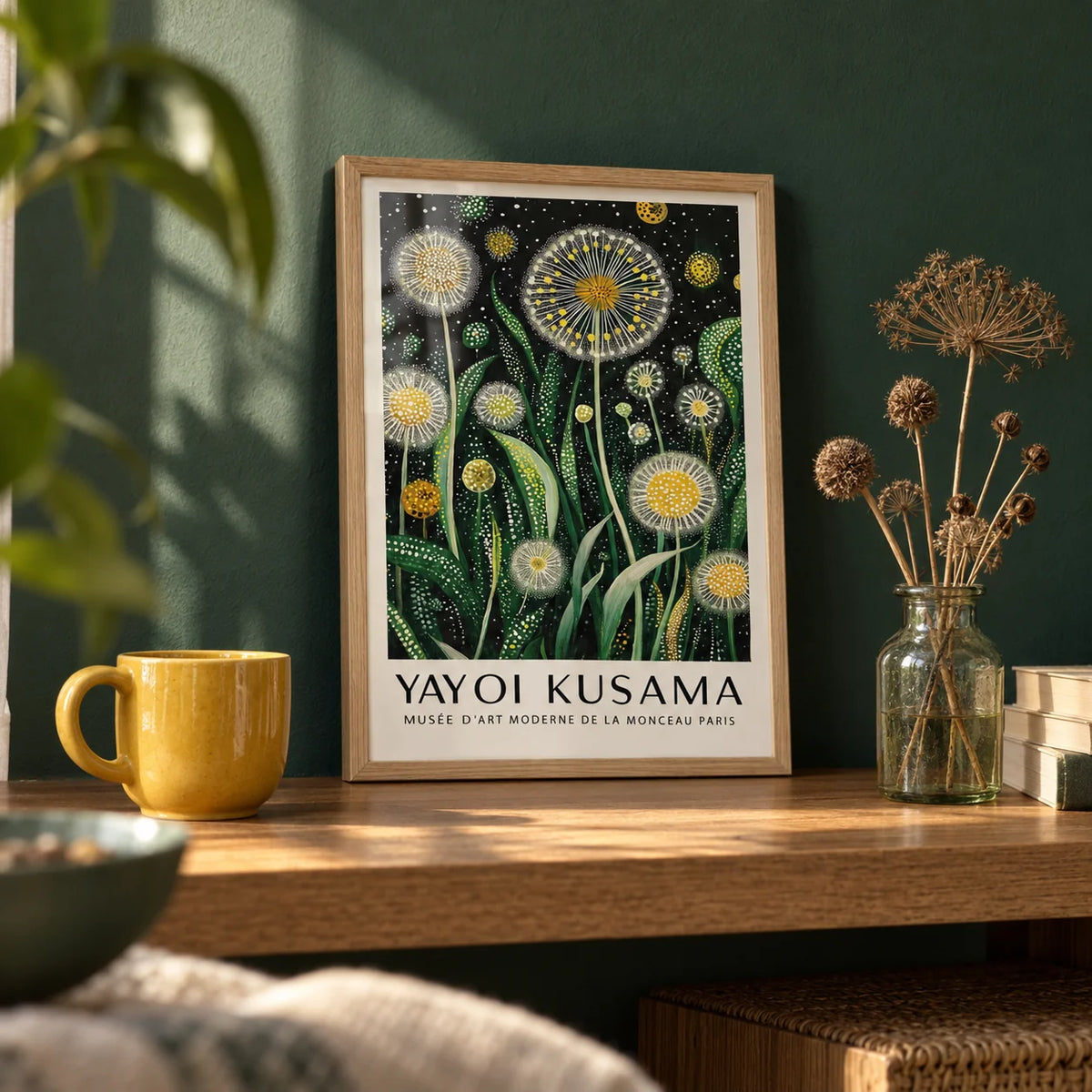 Floral Wall Art Modern, a small A4 framed print leaning on an oak shelf in a living room