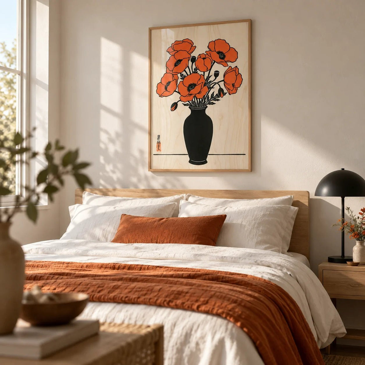 Floral Wall Art Poster, framed on the wall of a calm bedroom
