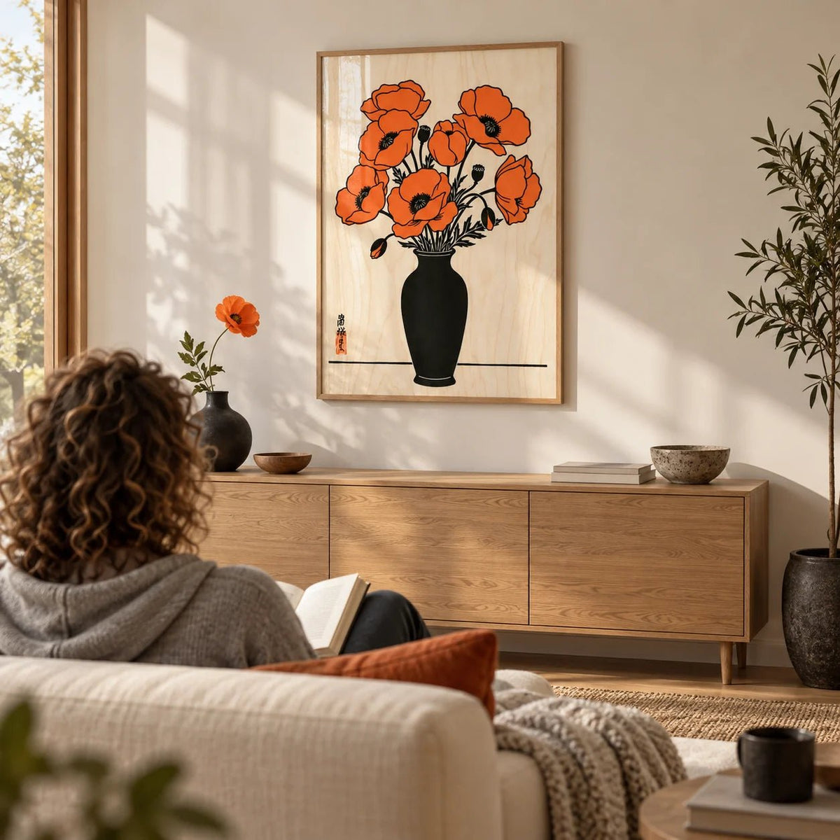 Floral Wall Art Poster, framed on the wall of a Japandi living room
