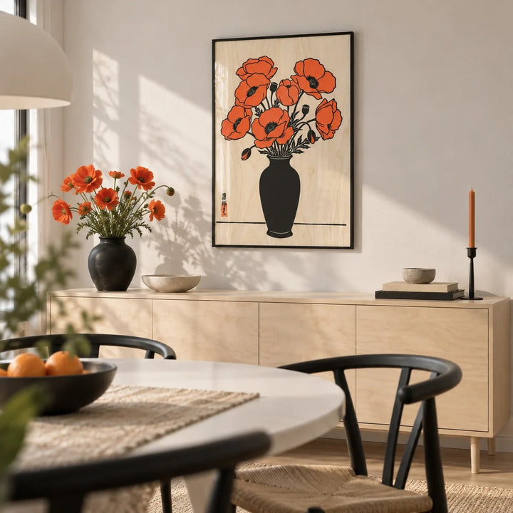 Floral Wall Art Poster, framed on the wall of a Scandi dining room