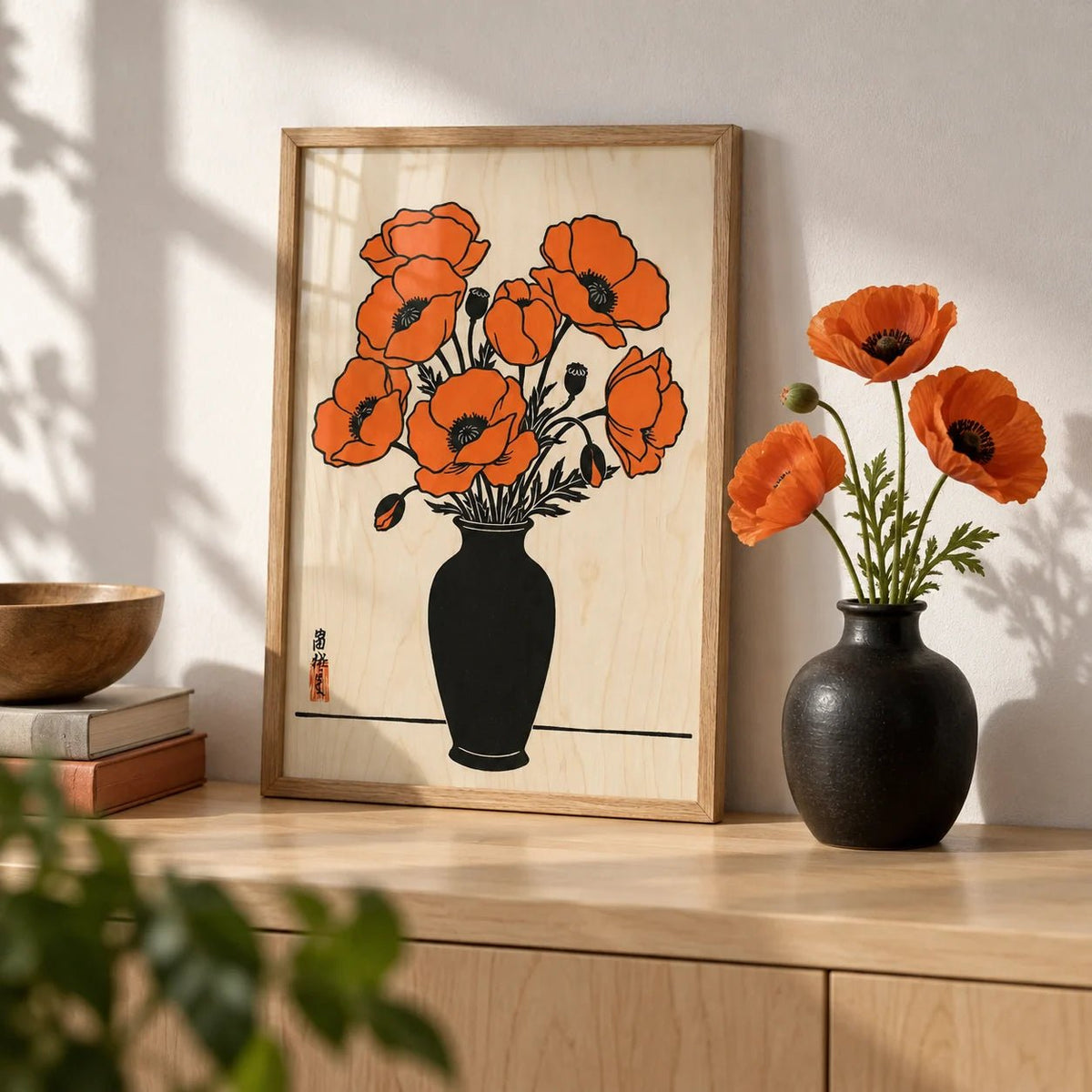 Floral Wall Art Poster, a small A4 framed print leaning on a birch shelf in a living room