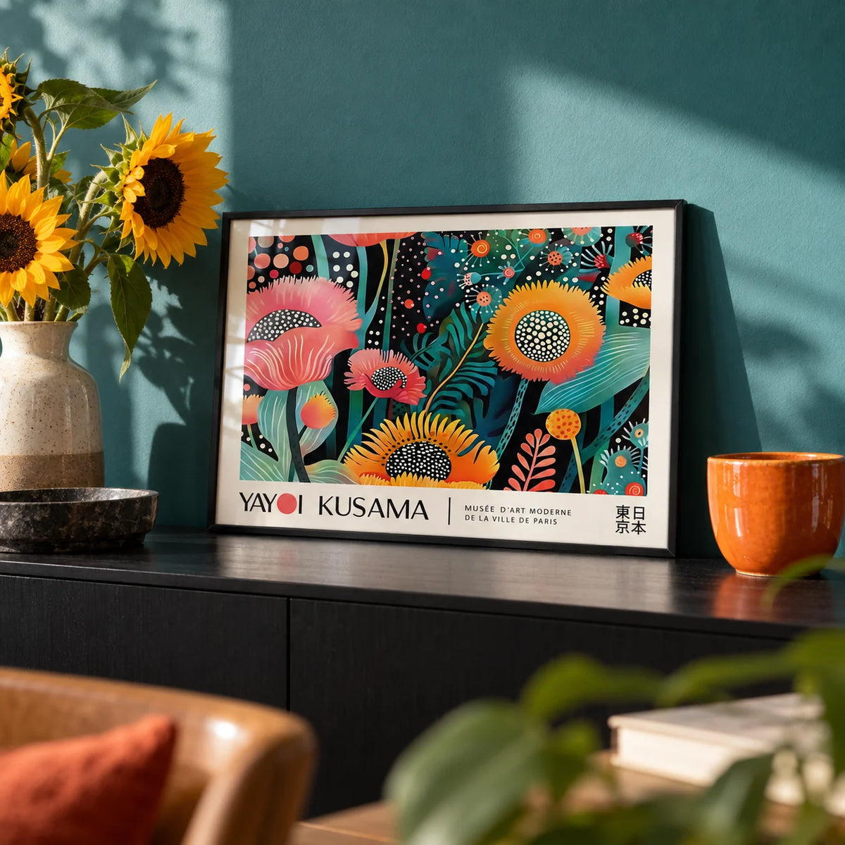 Floral Wall Art, a small A4 framed print leaning on a black sideboard in a living room